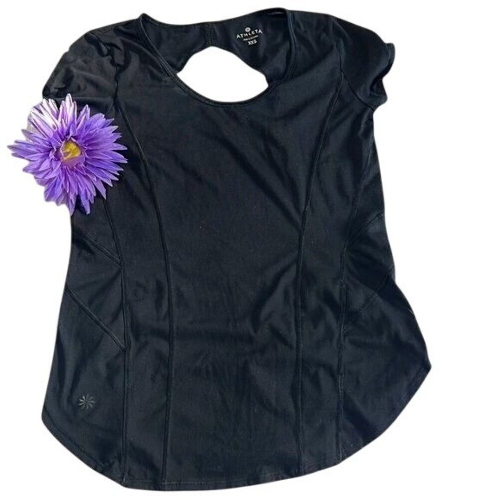 Athleta Black Short Sleeve Keyhole Back Activewear Top XXS